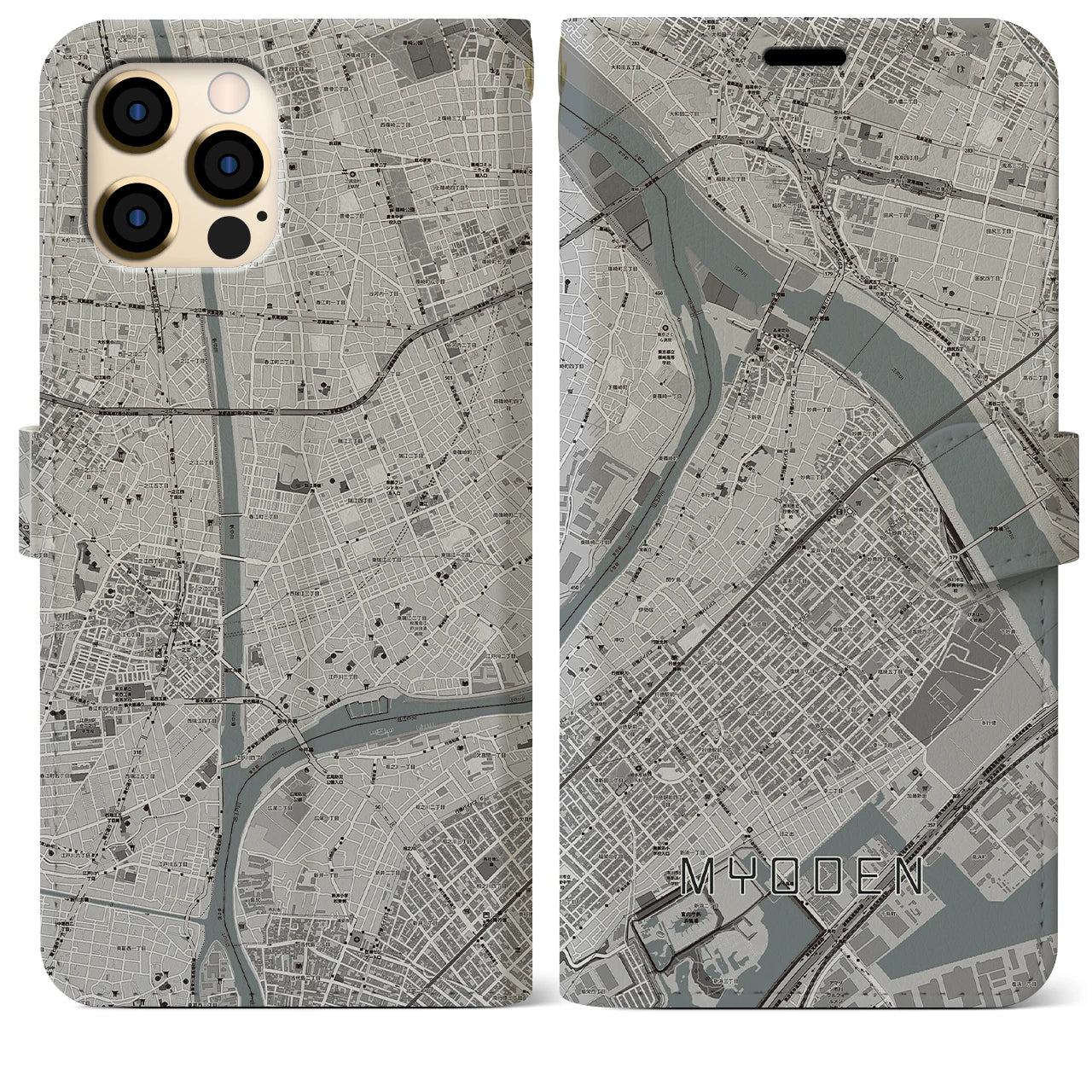 【妙典】地図柄iPhoneケース（手帳両面タイプ・モノトーン）iPhone 12 Pro Max 用