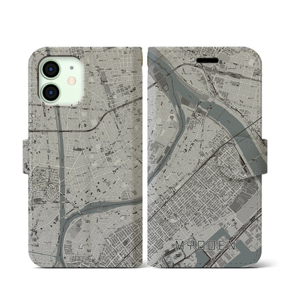 【妙典（千葉県）】地図柄iPhoneケース（手帳タイプ）モノトーン・iPhone 12 mini 用