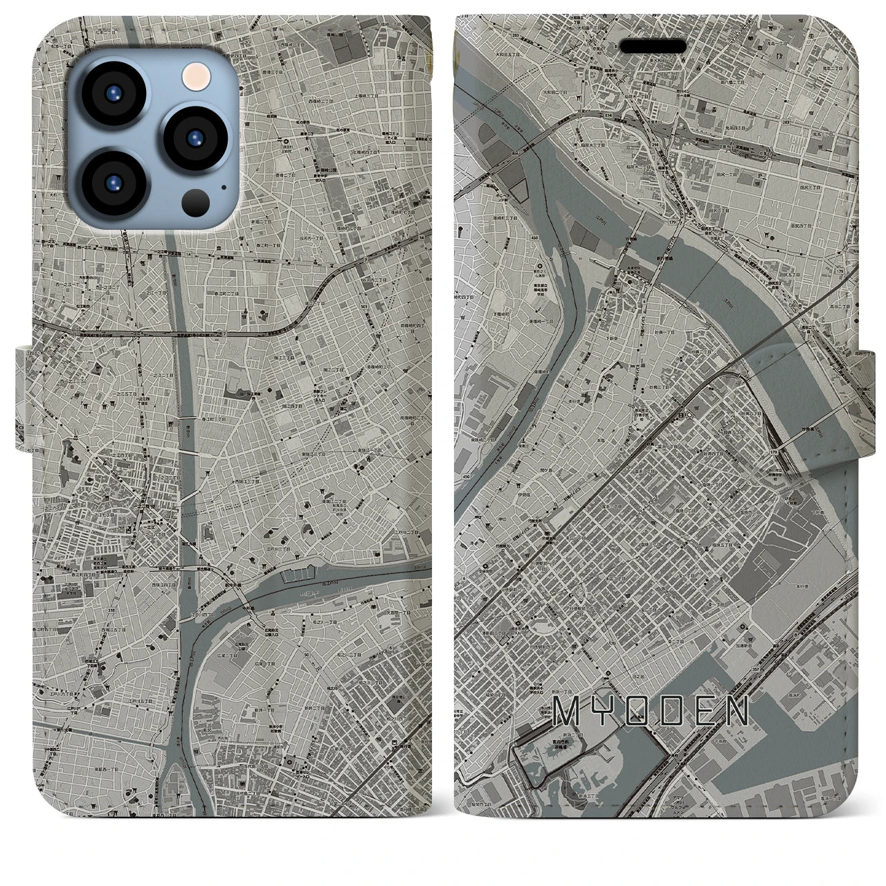 【妙典】地図柄iPhoneケース（手帳両面タイプ・モノトーン）iPhone 13 Pro Max 用
