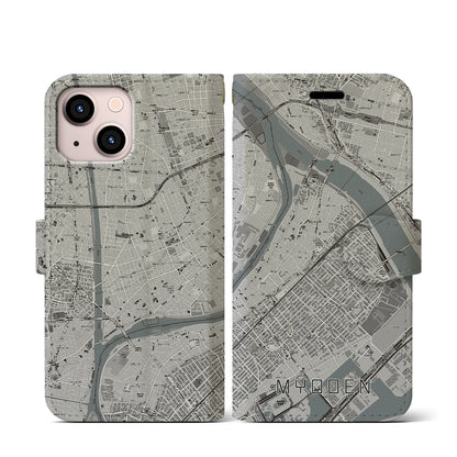 【妙典（千葉県）】地図柄iPhoneケース（手帳タイプ）モノトーン・iPhone 13 mini 用