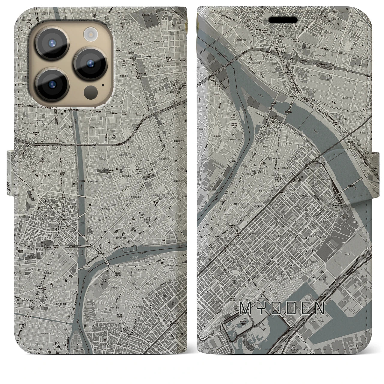 【妙典】地図柄iPhoneケース（手帳両面タイプ・モノトーン）iPhone 14 Pro Max 用