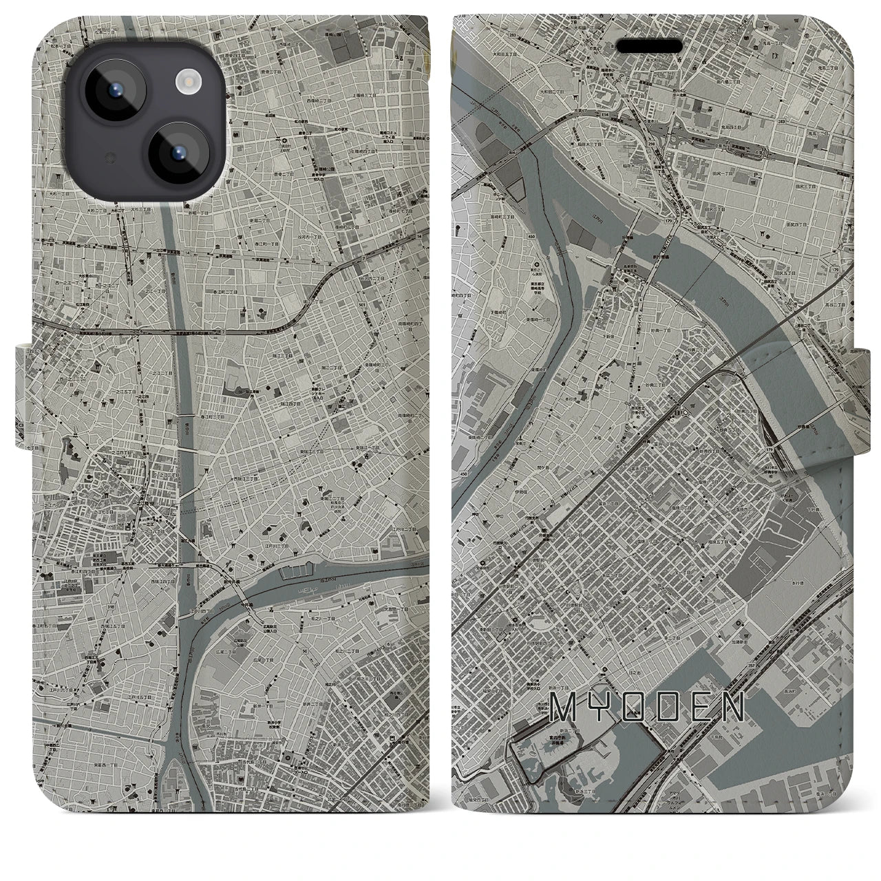 【妙典】地図柄iPhoneケース（手帳両面タイプ・モノトーン）iPhone 14 Plus 用
