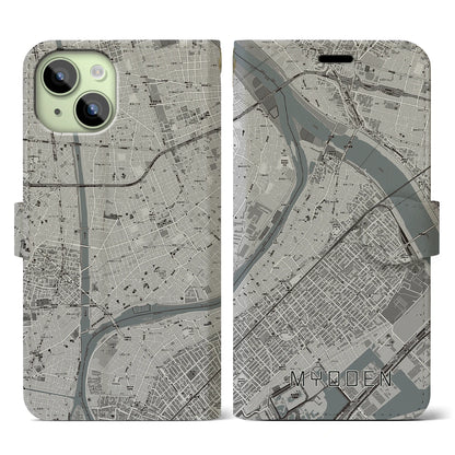 【妙典（千葉県）】地図柄iPhoneケース（手帳タイプ）モノトーン・iPhone 15 用