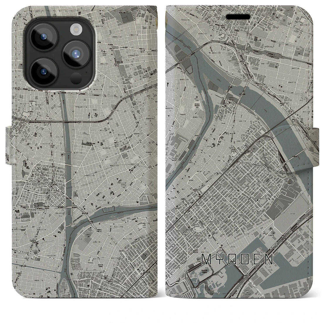 【妙典】地図柄iPhoneケース（手帳両面タイプ・モノトーン）iPhone 15 Pro Max 用