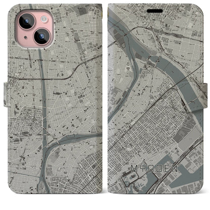 【妙典（千葉県）】地図柄iPhoneケース（手帳タイプ）モノトーン・iPhone 15 Plus 用