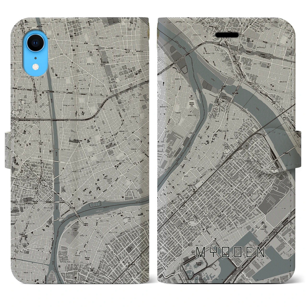 【妙典】地図柄iPhoneケース（手帳両面タイプ・モノトーン）iPhone XR 用