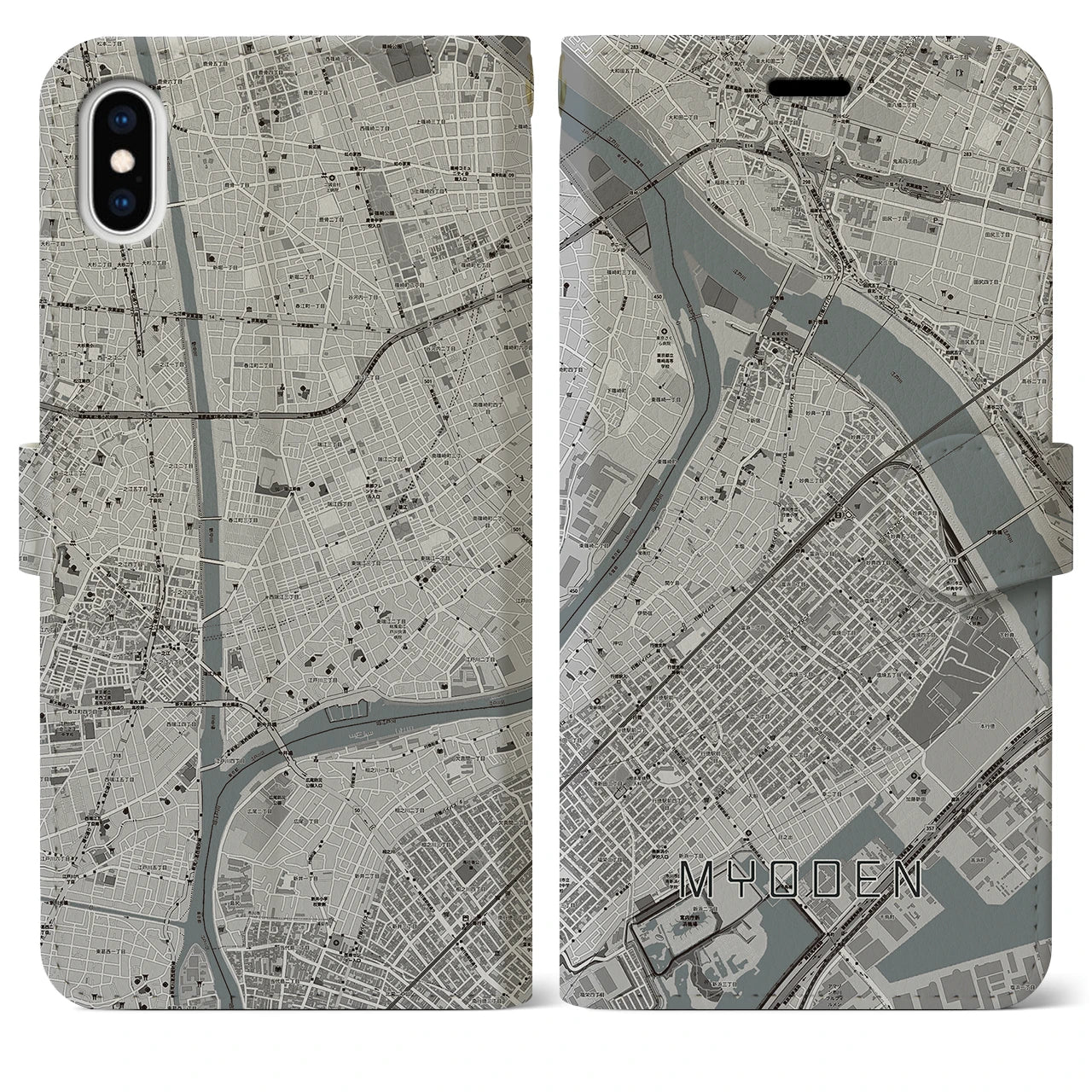 【妙典】地図柄iPhoneケース（手帳両面タイプ・モノトーン）iPhone XS Max 用