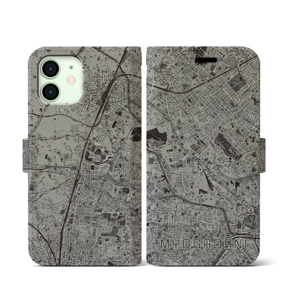 【茗荷谷（東京都）】地図柄iPhoneケース（手帳タイプ）モノトーン・iPhone 12 mini 用