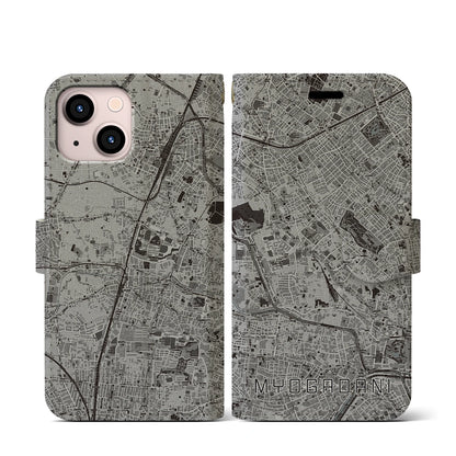 【茗荷谷（東京都）】地図柄iPhoneケース（手帳タイプ）モノトーン・iPhone 13 mini 用