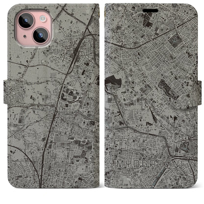 【茗荷谷（東京都）】地図柄iPhoneケース（手帳タイプ）モノトーン・iPhone 15 Plus 用