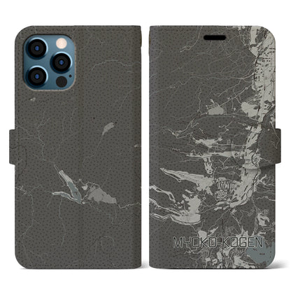 【妙高高原（新潟県）】地図柄iPhoneケース（手帳タイプ）モノトーン・iPhone 12 / 12 Pro 用