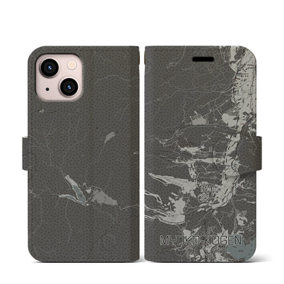 【妙高高原（新潟県）】地図柄iPhoneケース（手帳タイプ）モノトーン・iPhone 13 mini 用