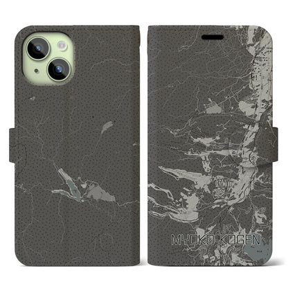 【妙高高原（新潟県）】地図柄iPhoneケース（手帳タイプ）モノトーン・iPhone 15 用