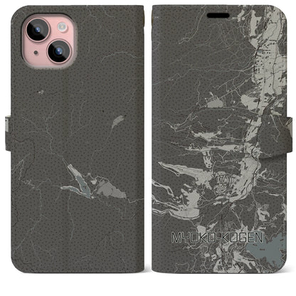 【妙高高原（新潟県）】地図柄iPhoneケース（手帳タイプ）モノトーン・iPhone 15 Plus 用