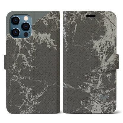 【妙高（新潟県）】地図柄iPhoneケース（手帳タイプ）モノトーン・iPhone 12 / 12 Pro 用