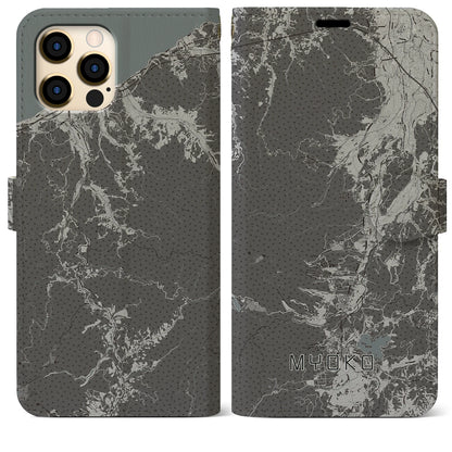 【妙高（新潟県）】地図柄iPhoneケース（手帳タイプ）モノトーン・iPhone 12 Pro Max 用