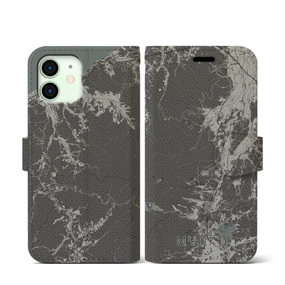 【妙高（新潟県）】地図柄iPhoneケース（手帳タイプ）モノトーン・iPhone 12 mini 用