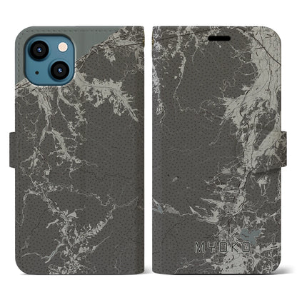 【妙高（新潟県）】地図柄iPhoneケース（手帳タイプ）モノトーン・iPhone 13 用