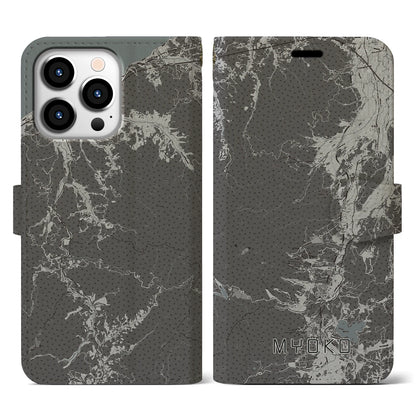 【妙高（新潟県）】地図柄iPhoneケース（手帳タイプ）モノトーン・iPhone 13 Pro 用