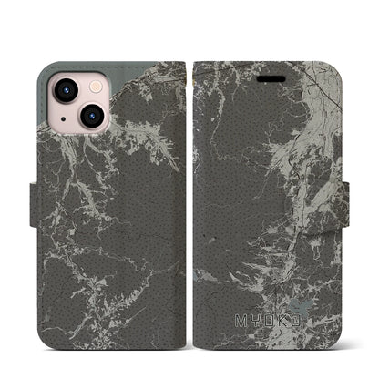 【妙高（新潟県）】地図柄iPhoneケース（手帳タイプ）モノトーン・iPhone 13 mini 用