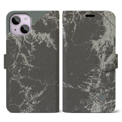 【妙高（新潟県）】地図柄iPhoneケース（手帳タイプ）モノトーン・iPhone 14 用