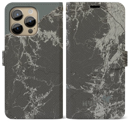 【妙高（新潟県）】地図柄iPhoneケース（手帳タイプ）モノトーン・iPhone 14 Pro Max 用