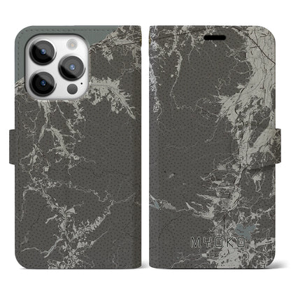 【妙高（新潟県）】地図柄iPhoneケース（手帳タイプ）モノトーン・iPhone 14 Pro 用