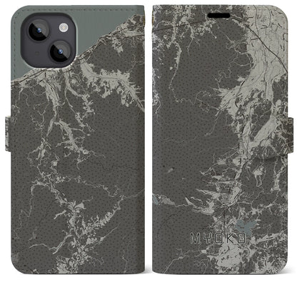 【妙高（新潟県）】地図柄iPhoneケース（手帳タイプ）モノトーン・iPhone 14 Plus 用