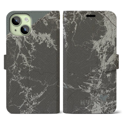 【妙高（新潟県）】地図柄iPhoneケース（手帳タイプ）モノトーン・iPhone 15 用