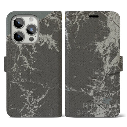 【妙高（新潟県）】地図柄iPhoneケース（手帳タイプ）モノトーン・iPhone 15 Pro 用