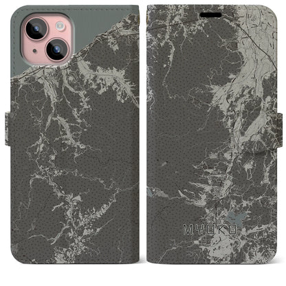 【妙高（新潟県）】地図柄iPhoneケース（手帳タイプ）モノトーン・iPhone 15 Plus 用