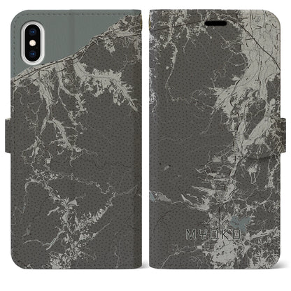 【妙高（新潟県）】地図柄iPhoneケース（手帳タイプ）モノトーン・iPhone XS Max 用