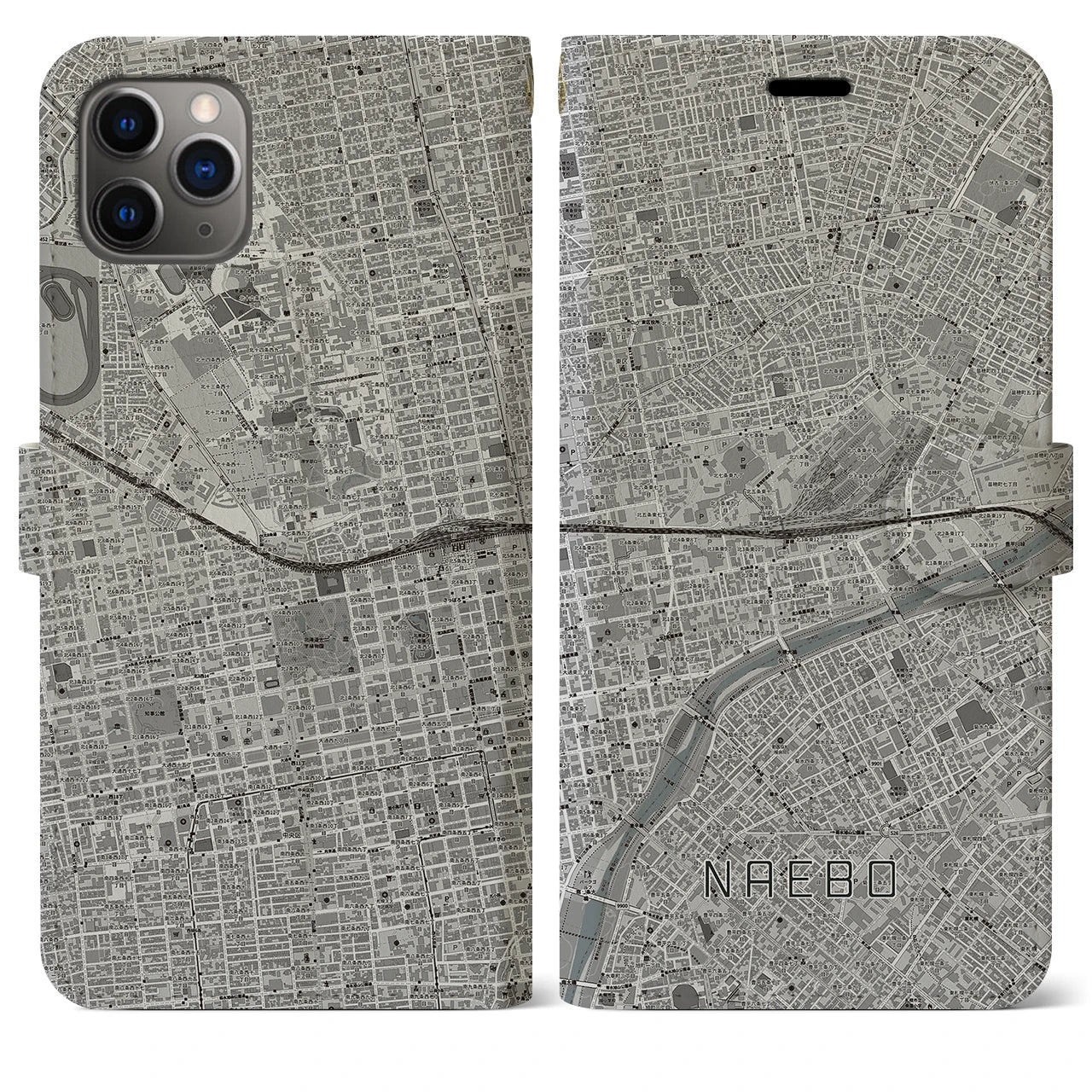 【苗穂】地図柄iPhoneケース（手帳両面タイプ・モノトーン）iPhone 11 Pro Max 用