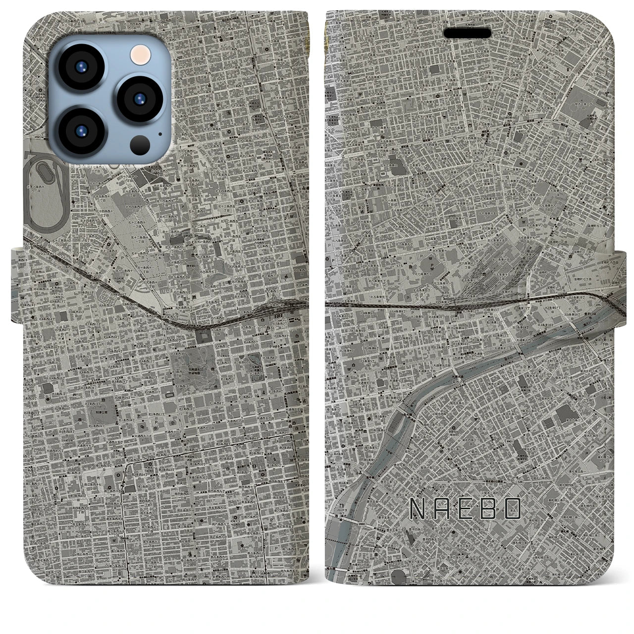 【苗穂】地図柄iPhoneケース（手帳両面タイプ・モノトーン）iPhone 13 Pro Max 用