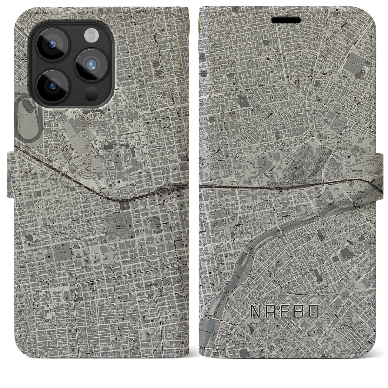 【苗穂】地図柄iPhoneケース（手帳両面タイプ・モノトーン）iPhone 15 Pro Max 用