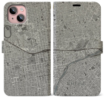 【苗穂（北海道）】地図柄iPhoneケース（手帳タイプ）モノトーン・iPhone 15 Plus 用