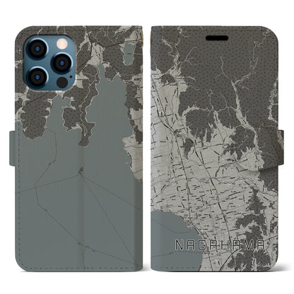 【長浜（滋賀県）】地図柄iPhoneケース（手帳タイプ）モノトーン・iPhone 12 / 12 Pro 用