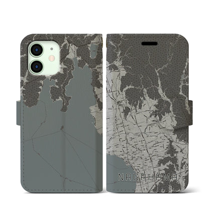 【長浜（滋賀県）】地図柄iPhoneケース（手帳タイプ）モノトーン・iPhone 12 mini 用