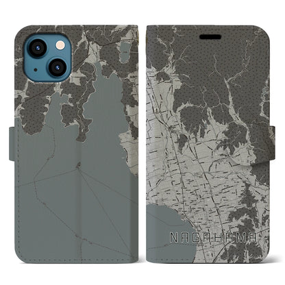 【長浜（滋賀県）】地図柄iPhoneケース（手帳タイプ）モノトーン・iPhone 13 用