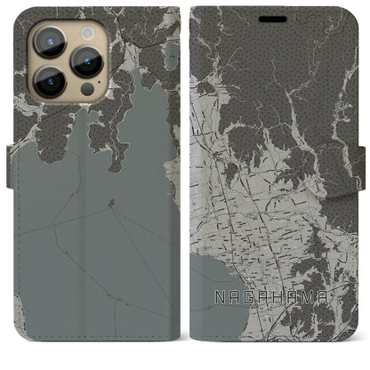 【長浜（滋賀県）】地図柄iPhoneケース（手帳タイプ）モノトーン・iPhone 14 Pro Max 用