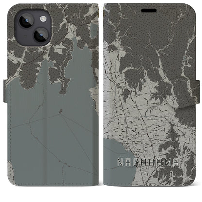 【長浜（滋賀県）】地図柄iPhoneケース（手帳タイプ）モノトーン・iPhone 14 Plus 用