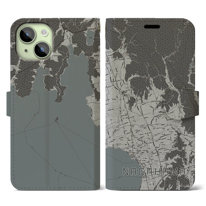 【長浜（滋賀県）】地図柄iPhoneケース（手帳タイプ）モノトーン・iPhone 15 用