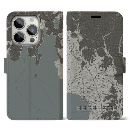 【長浜（滋賀県）】地図柄iPhoneケース（手帳タイプ）モノトーン・iPhone 15 Pro 用