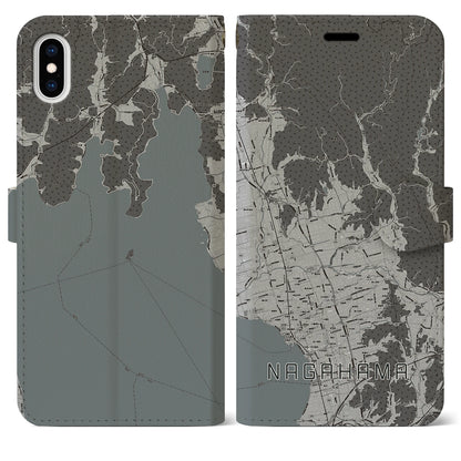 【長浜（滋賀県）】地図柄iPhoneケース（手帳タイプ）モノトーン・iPhone XS Max 用