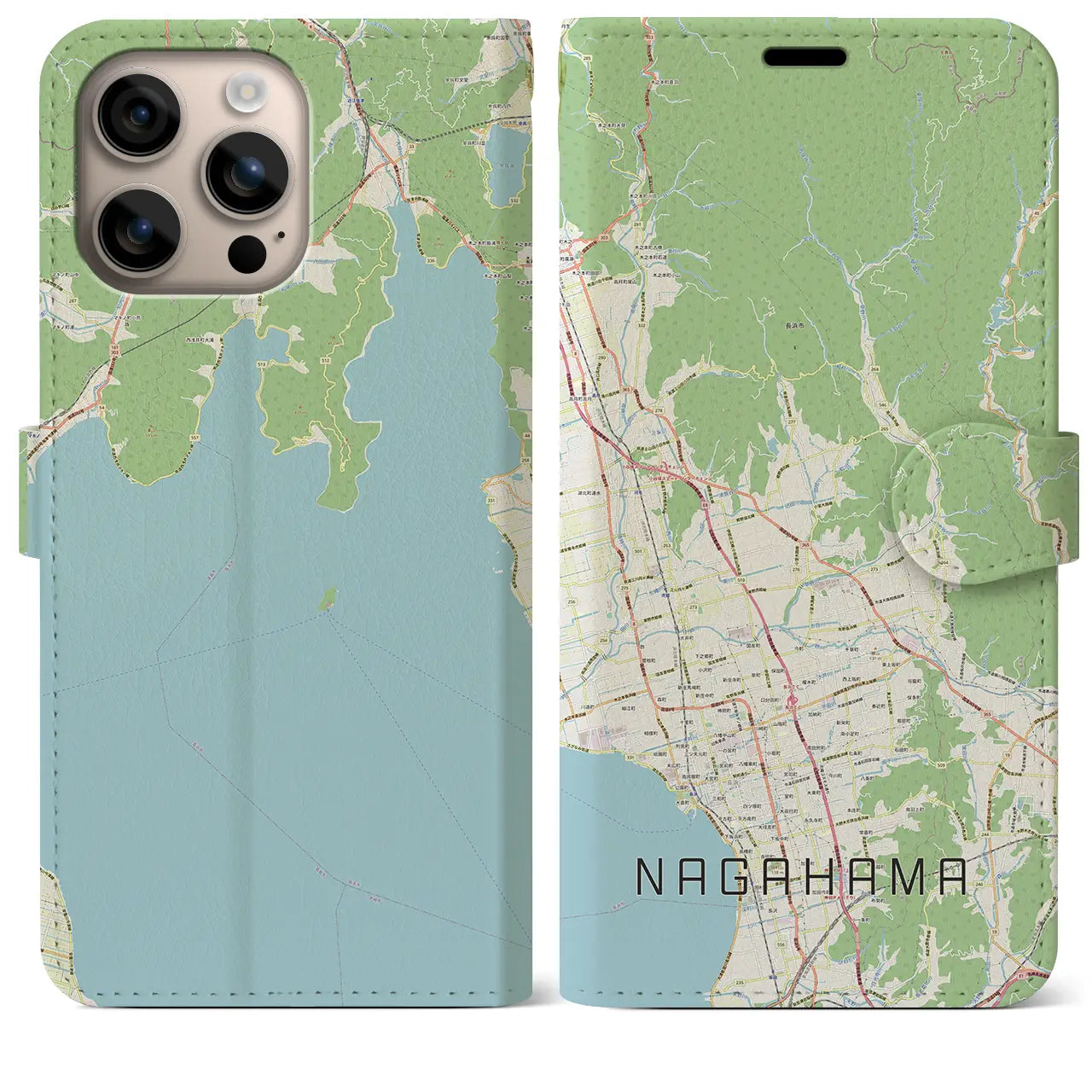 【長浜（滋賀県）】地図柄iPhoneケース（手帳タイプ）ナチュラル・iPhone 16 Plus 用