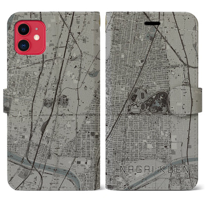 【長居公園（大阪府）】地図柄iPhoneケース（手帳タイプ）モノトーン・iPhone 11 用