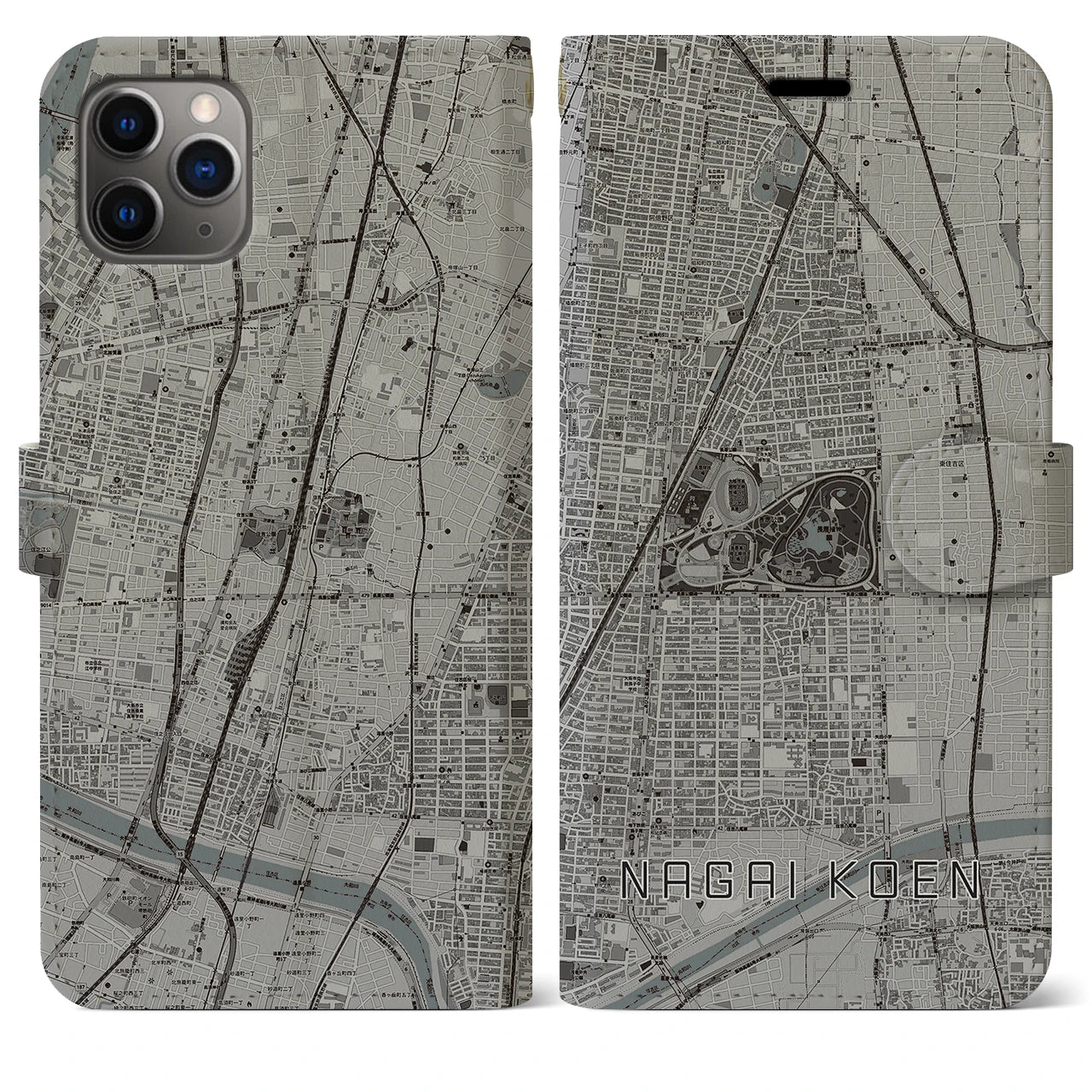 【長居公園】地図柄iPhoneケース（手帳両面タイプ・モノトーン）iPhone 11 Pro Max 用