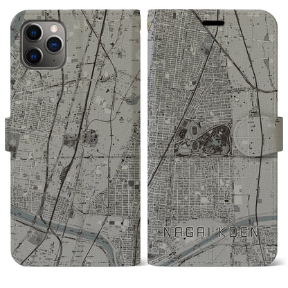 【長居公園（大阪府）】地図柄iPhoneケース（手帳タイプ）モノトーン・iPhone 11 Pro Max 用