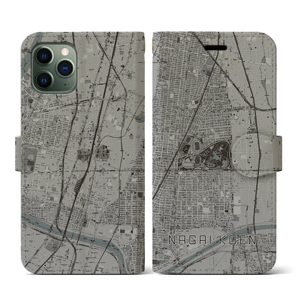 【長居公園（大阪府）】地図柄iPhoneケース（手帳タイプ）モノトーン・iPhone 11 Pro 用