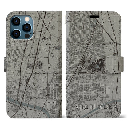 【長居公園（大阪府）】地図柄iPhoneケース（手帳タイプ）モノトーン・iPhone 12 / 12 Pro 用